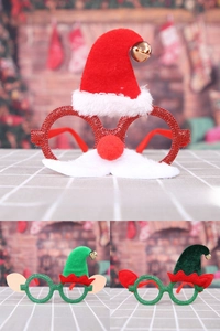 Detailed view of Christmas eyewear with festive glitter Santa and elf hat designs