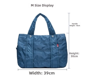 Blue quilted nylon mommy bag size M dimensions 39cm width 30cm height 18cm handle