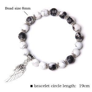 Green stripe agate bracelet with white pine beads and rose wing pendant, 8mm bead size
