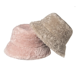 Chapeau bob en peluche douce et chaude pour femme en couleurs rose et beige