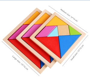 Three sizes of wooden tangram puzzles showing 16x16cm, 14x14cm and 12x12cm variations