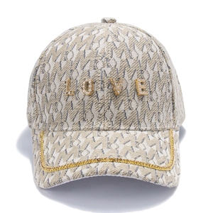 Chic houndstooth baseball cap with rhinestone LOVE lettering and gold chain trim
