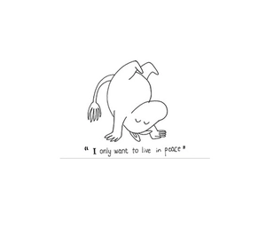 Détail de l'impression du personnage Moomin avec la citation 'I only want to live in peace'