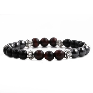 8mm Red Tiger Eye and Black Agate beaded bracelet with decorative silver spacer beads