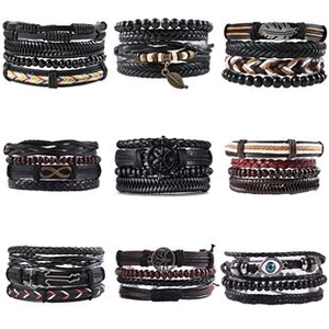 Detail of 9 sets featuring black leather bracelets with leaf and anchor charms