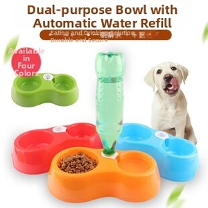 Dual pet bowl with gravity water bottle available in green red blue and orange colors