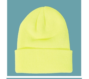 Detailed texture of neon yellow ribbed knit beanie showing soft fabric and folded cuff