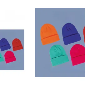 Detailed ribbed knit texture and folded cuff of the colorful kids' winter beanie hat