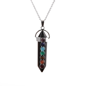 Polished stainless steel necklace with hexagonal seven chakra natural stone pendant