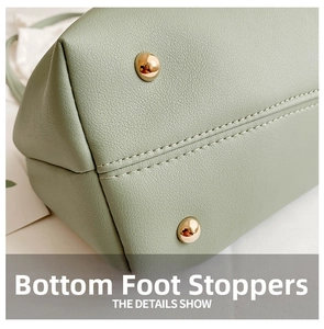 Vue macro détaillée des rivets dorés sur un sac à main chic en cuir PU de couleur vert clair