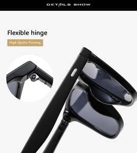 Close-up of flexible metal hinge and high-quality painting on black sunglasses frame