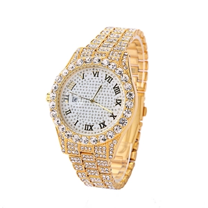 Luxury gold quartz watch for women with full diamond dial and Roman numerals display