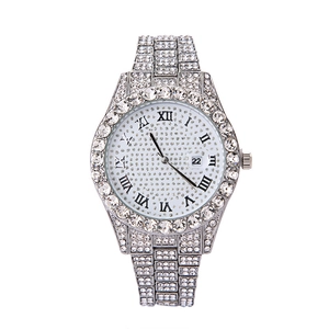 Silver full diamond men's quartz watch with Roman numerals and date window in 45-degree view