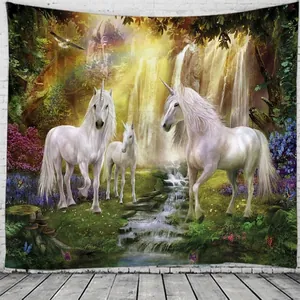 Unicorn forest tapestry wall hanging with rainbow waterfall for home decor