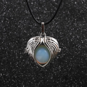 Angel Wing Heart Pendant Necklace Alloy Cage Natural Stone Bead Wax Rope Chain Vintage Jewelry Gift For Women