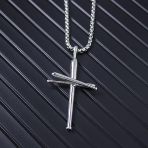 Silver stainless steel baseball bat cross pendant necklace with robust ball chain