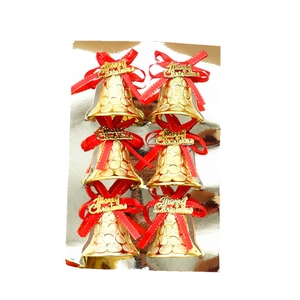 Set of 6 golden Christmas bells with red bows and Merry Christmas text for tree decoration