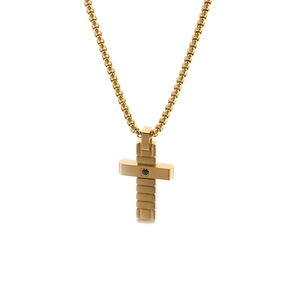 Minimalist gold stainless steel cross necklace with small black diamond on box chain