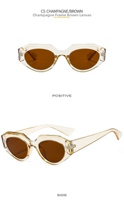 Detail view of champagne cat-eye sunglasses with brown lenses from front and side angles