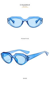 Detailed front and side view of C6 blue semi-transparent geometric sunglasses with blue lenses
