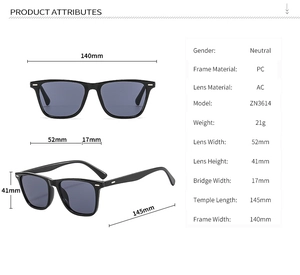 Detailed size specifications for rectangular black sunglasses with 140mm frame width