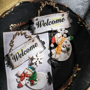 Christmas Snowman Welcome Sign Rustic Wood Resin Painted Hanging Decoration Door Wall Decor Holiday Ornament Vintage Style