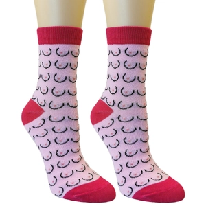 Funny pink crew socks for women featuring artistic graphic prints and vibrant contrast toes