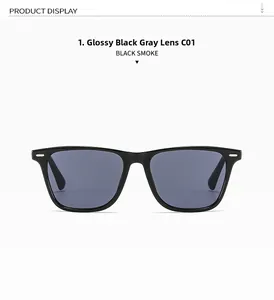 Detailed close-up of classic black square sunglasses with smoke lenses and metal accents