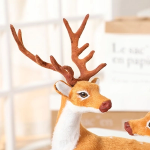 Close-up of lifelike reindeer ornament with flocking texture and realistic antler details