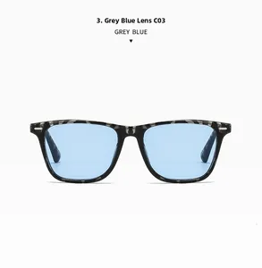 Front view of grey tortoise frame sunglasses with clear blue lenses and C03 model marking