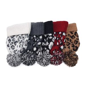 Women leopard print knit beanies with large pom-poms in five assorted winter colors