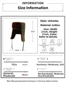 Size chart showing 21x31cm dimensions and care instructions for the winter trapper hat