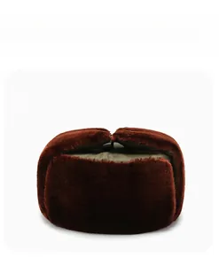Front view of thick burgundy faux fur Ushanka winter hat with warm lining