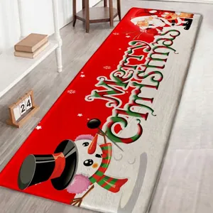 Festive red flannel Christmas rug with Santa, snowman and Merry Christmas lettering