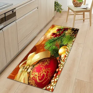 Close-up of 3D Christmas festive runner rug with golden ribbons and red ornaments