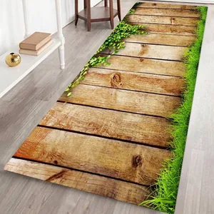 Detail of long flannel Christmas carpet with 3D nature printed wooden path and green grass