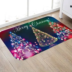 Detail view of navy blue flannel Christmas rug with Merry Christmas tree print on wood floor