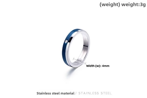 Detail of 4mm stainless steel ring with blue matte finish and silver edges with a zircon