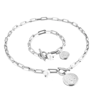 Parure bijoux arbre de vie argentée avec perles collier et bracelet maille trombone