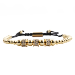 Men's gold beaded crown bracelet with micro-pave crystals and adjustable black cord