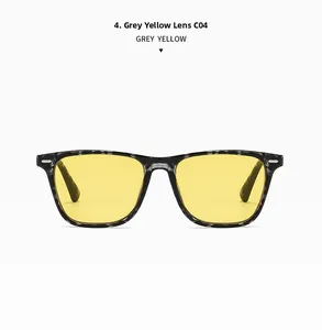 Detail view of square grey tortoise frame with transparent yellow lenses C04