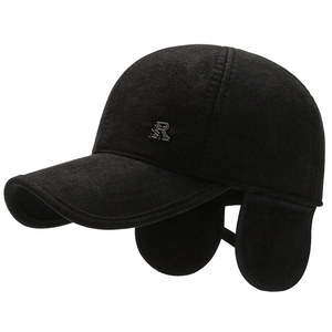Winter men's black wool baseball cap with warm ear flaps and silver SR metal logo