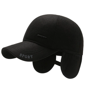Winter thermal baseball cap for men with ear flaps and Sport logo in black wool fabric