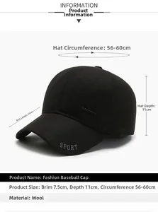 Detailed dimensions of winter men's wool baseball cap with fleece lining and ear protection