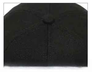 Detailed top view of the six-panel stitching and button on the black cotton winter cap