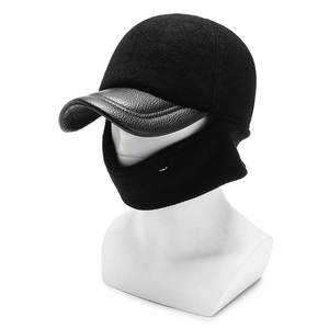 Herren Winter-Baseballkappe mit Lederschirm, Wollkrone und Strick-Ohrenklappenmaske