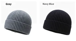 Detailed knit texture of grey and navy blue beanies with ribbed turn-up cuff design