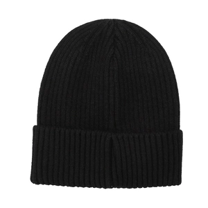 Classic black ribbed knit beanie hat with foldable cuff for winter street style