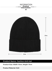 Detailed size chart for black knit beanie hat showing 16cm width and 19cm height dimensions
