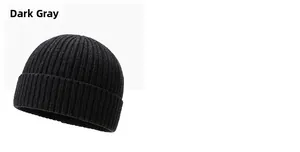 Close-up of dark grey beanie featuring thick vertical rib-knit texture and folded cuff